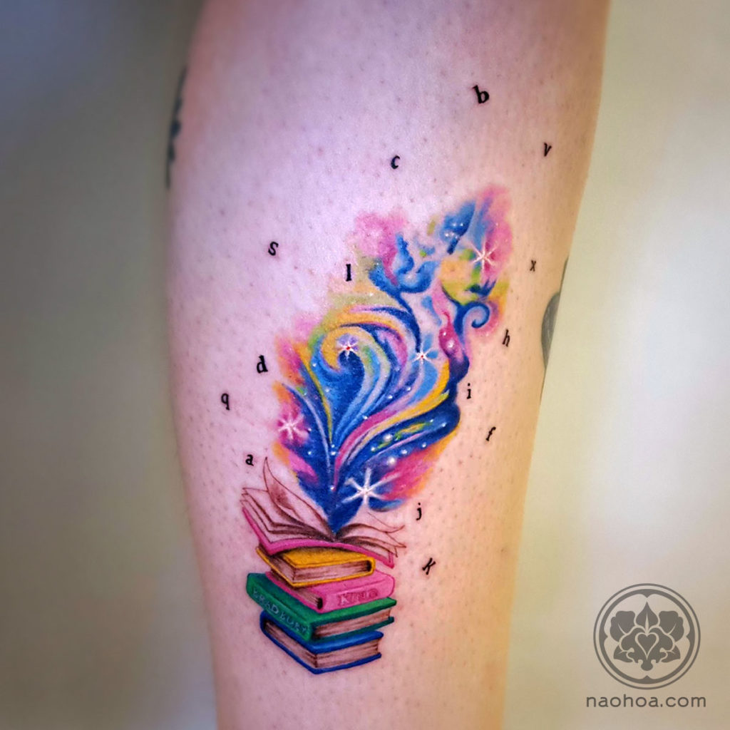 'The Magic of Books' designed and tattooed by Naomi Hoang at NAOHOA Luxury Bespoke Tattoos, Cardiff (Wales, UK).