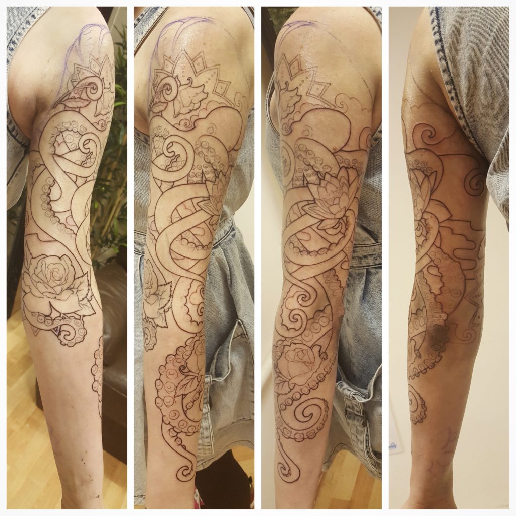 Photo of the Octopus Sleeve, designed by Naomi Hoang at NAOHOA Luxury Bespoke Tattoos, Cardiff (Wales, UK).