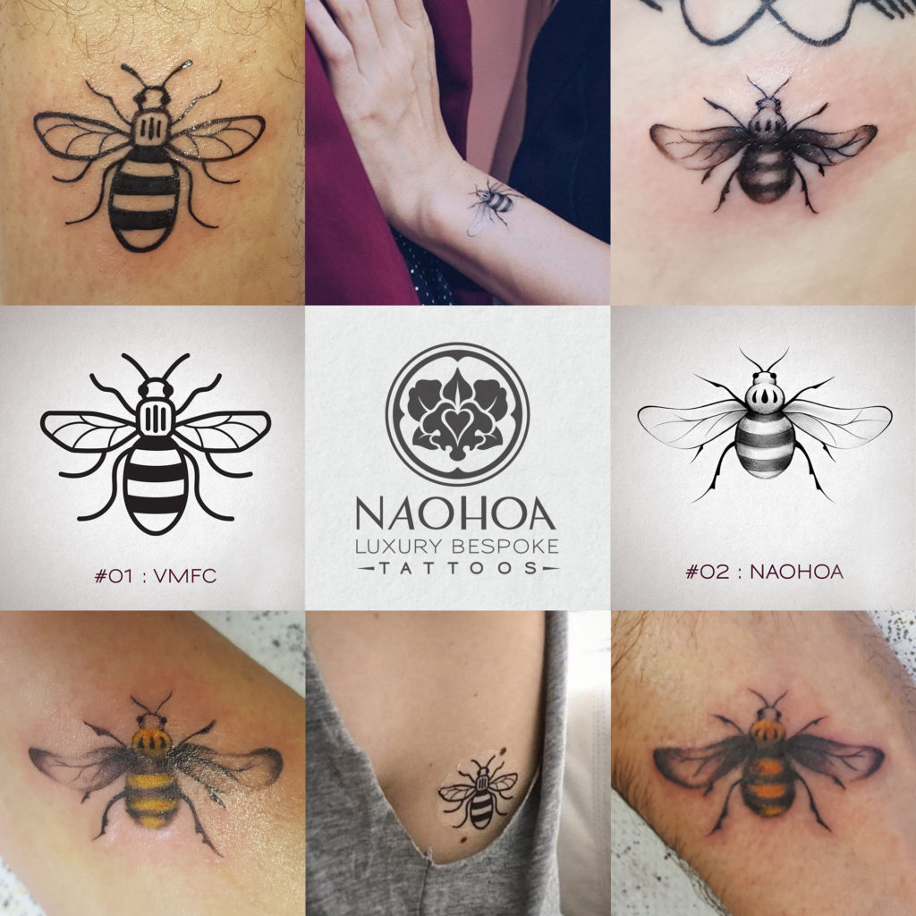 Photos of Manchester Bee tattoos by Naomi Hoang, in tribute to the Manchester Arena Attack on 22nd May 2017 at an Ariana Grande concert.