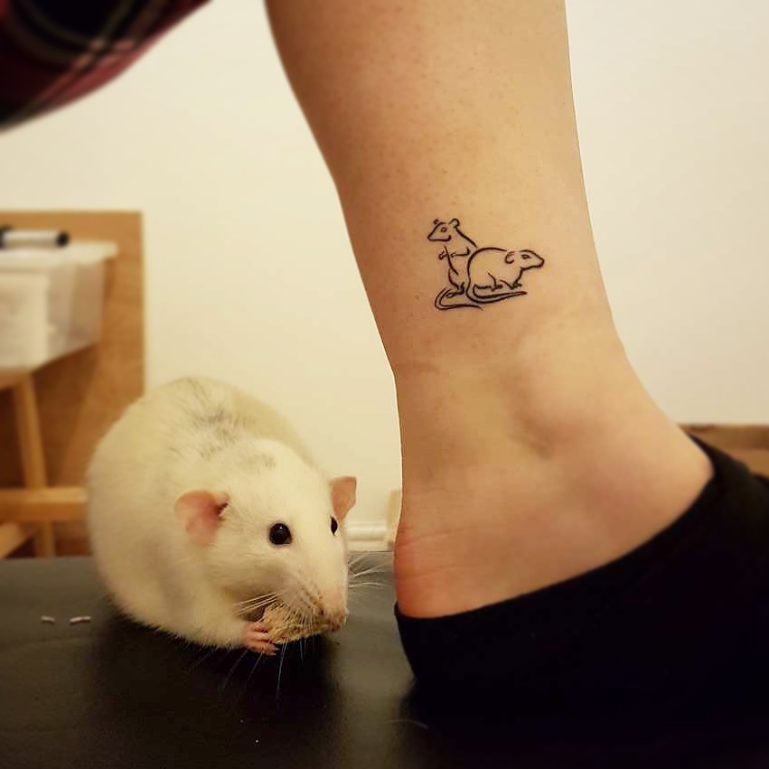 Photo of an ankle tattoo of two rats next to the woman's pet rat. Designed and tattooed by Naomi Hoang at NAOHOA Luxury Bespoke Tattoos, Cardiff, Wales, UK.