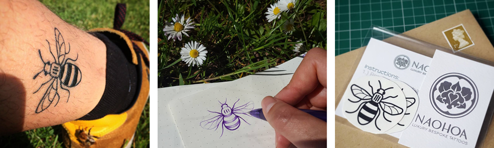 Photos of Manchester Bee tattoos by Naomi Hoang, in tribute to the Manchester Arena Attack on 22nd May 2017 at an Ariana Grande concert.