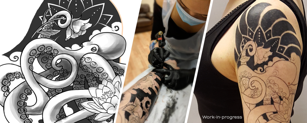 Photos of an original tattoo design, process and result by Naomi Hoang (Tattoo Artist and wner of NAOHOA Luxury Bespoke Tattoos, Cardiff, Wales, UK).