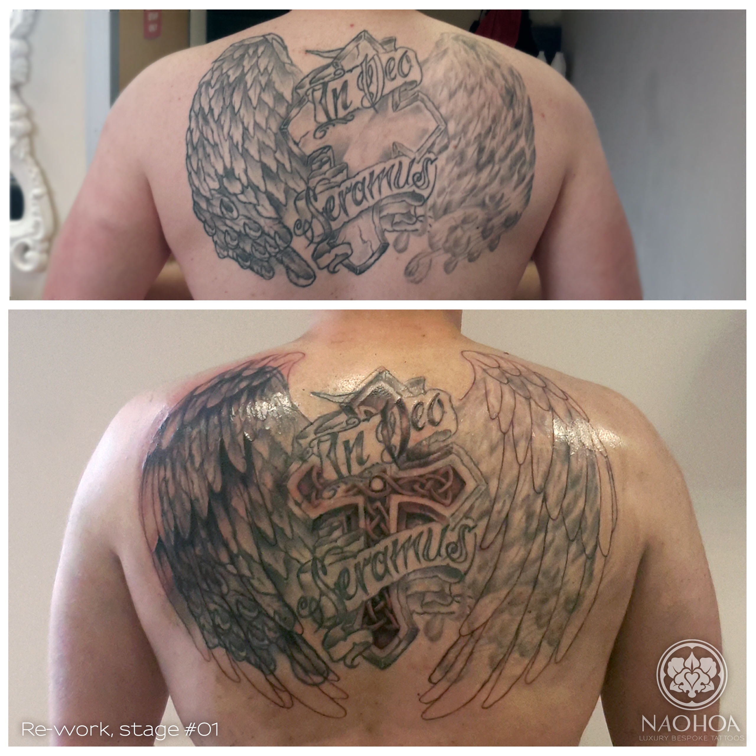 Fixing an existing tattoo of a Celtic cross and wings with Latin text by various artists. Redesign by Naomi Hoang, NAOHOA Luxury Bespoke Tattoos, Cardiff, Wales (UK).