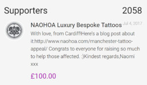 Donation to the Manchester Tattoo Appeal from NAOHOA Luxury Bespoke Tattoos, Cardiff