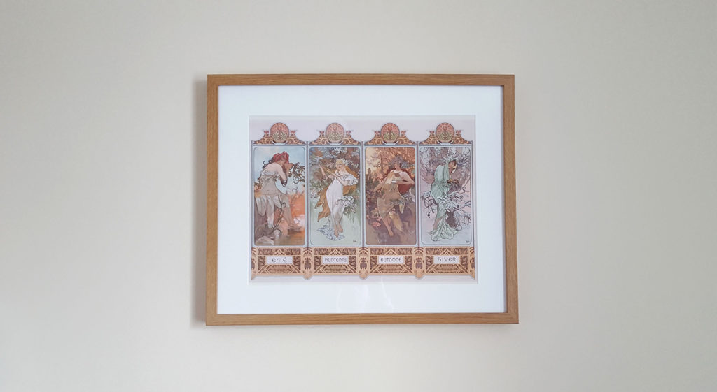 Photograph of Alphonse Mucha's 'The Seasons'. A framed print purchased at the Liverpool Walker Museum by Naomi Hoang, founder of NAOHOA Luxury Bespoke Tattoos, Cardiff (Wales, UK).