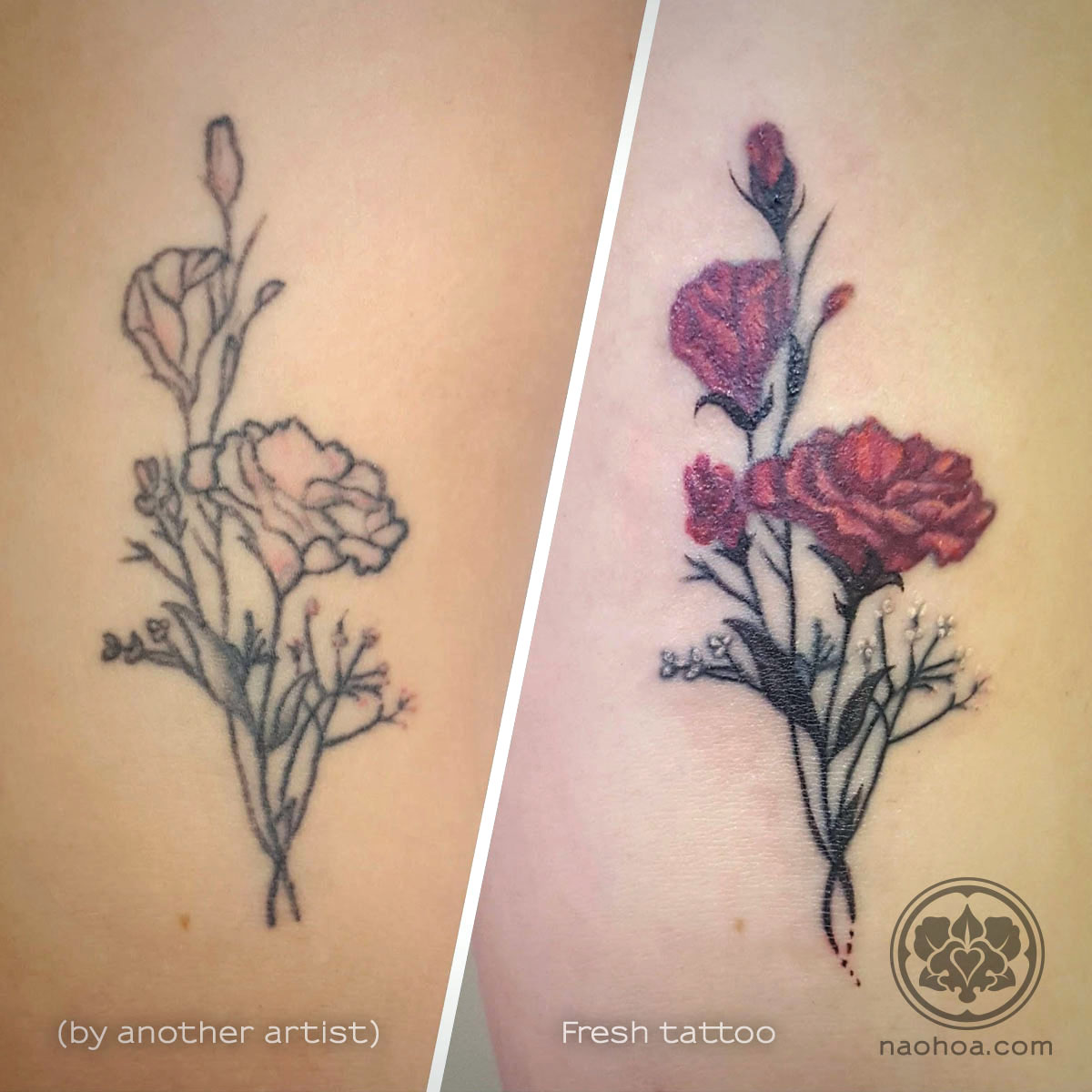 Before-and-after photo of a tattoo with carnations and baby's breath flowers. Reworked by Naomi Hoang at NAOHOA Luxury Bespoke Tattoos, Cardiff (Wales, UK)