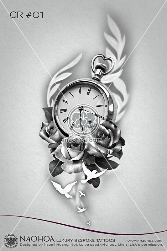 An original tattoo design by Naomi Hoang, featuring a pocket watch, roses and birds flying away.