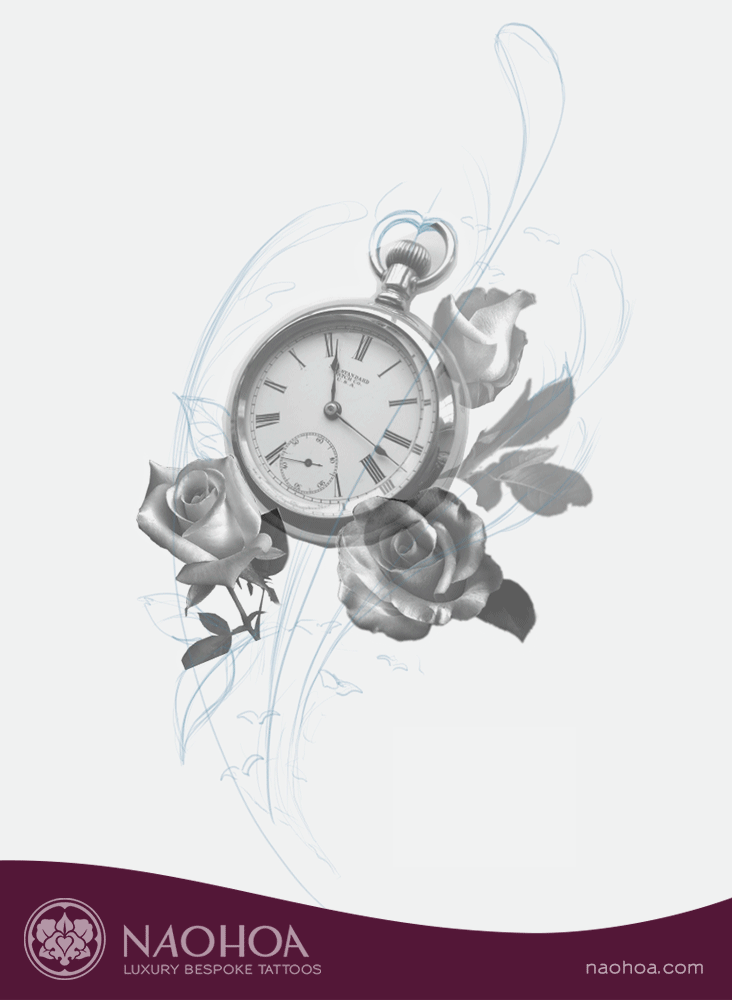 Work-in-progress of a Clock and Rose for a delicate tattoo design, by Naomi Hoang at  NAOHOA Luxury Bespoke Tattoos, Cardiff, Wales (UK).