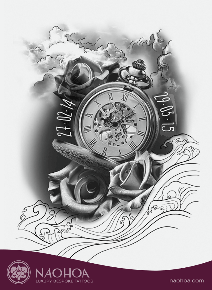 Work-in-progress of a Clock and Rose for an Asian-influenced tattoo design, by Naomi Hoang at  NAOHOA Luxury Bespoke Tattoos, Cardiff, Wales (UK).