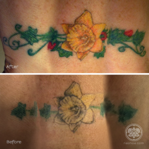 An old daffodil tattoo is revived with bold colours by Naomi Hoang.