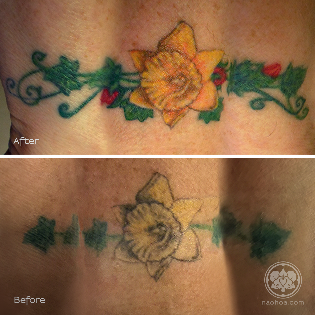 An old daffodil tattoo is revived with bold colours by Naomi Hoang.
