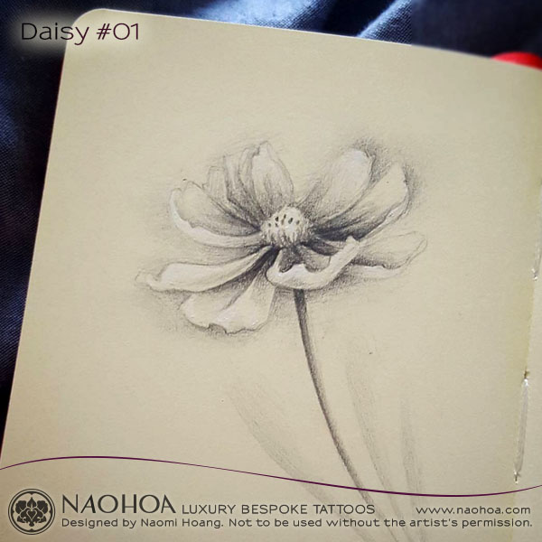 A pencil sketch of a delicate daisy by Naomi Hoang.