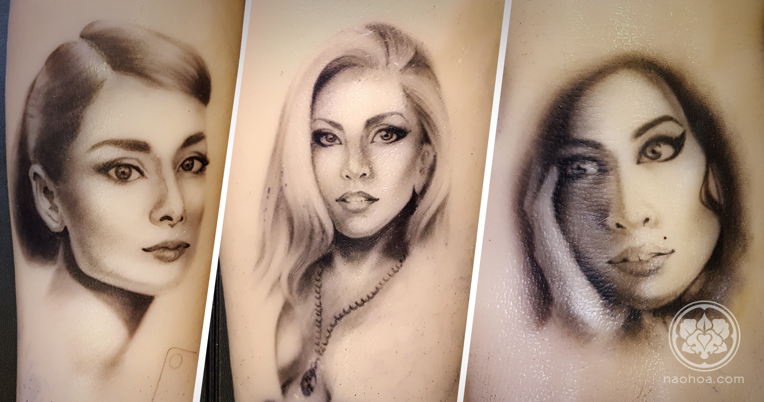 Tattoo portraits of Audrey Hepburn, Lady Gaga and Amy Winehouse.