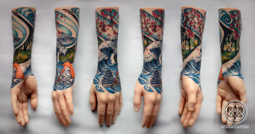 A colourful half-sleeve design by Naomi Hoang, which depicts the four seasons in the style of traditional Japanese woodblock art. NAOHOA Luxury Bespoke Tattoos, Cardiff, Wales, UK.