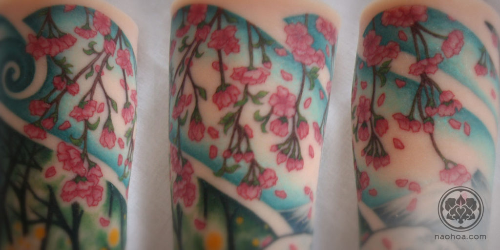 Japanese wood-block-style tattoo sleeve designed and tattooed by Naomi Hoang on an A Pound of Flesh silicone arm. NAOHOA Luxury Bespoke Tattoos, Cardiff, Wales, UK.