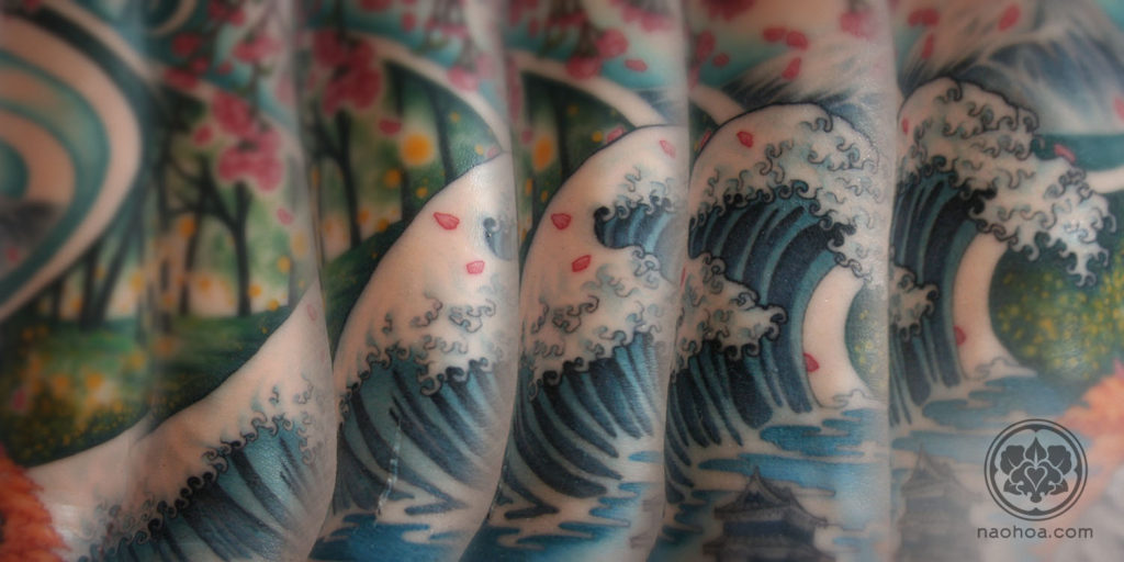 Japanese wood-block-style tattoo sleeve designed and tattooed by Naomi Hoang on an A Pound of Flesh silicone arm. NAOHOA Luxury Bespoke Tattoos, Cardiff, Wales, UK.