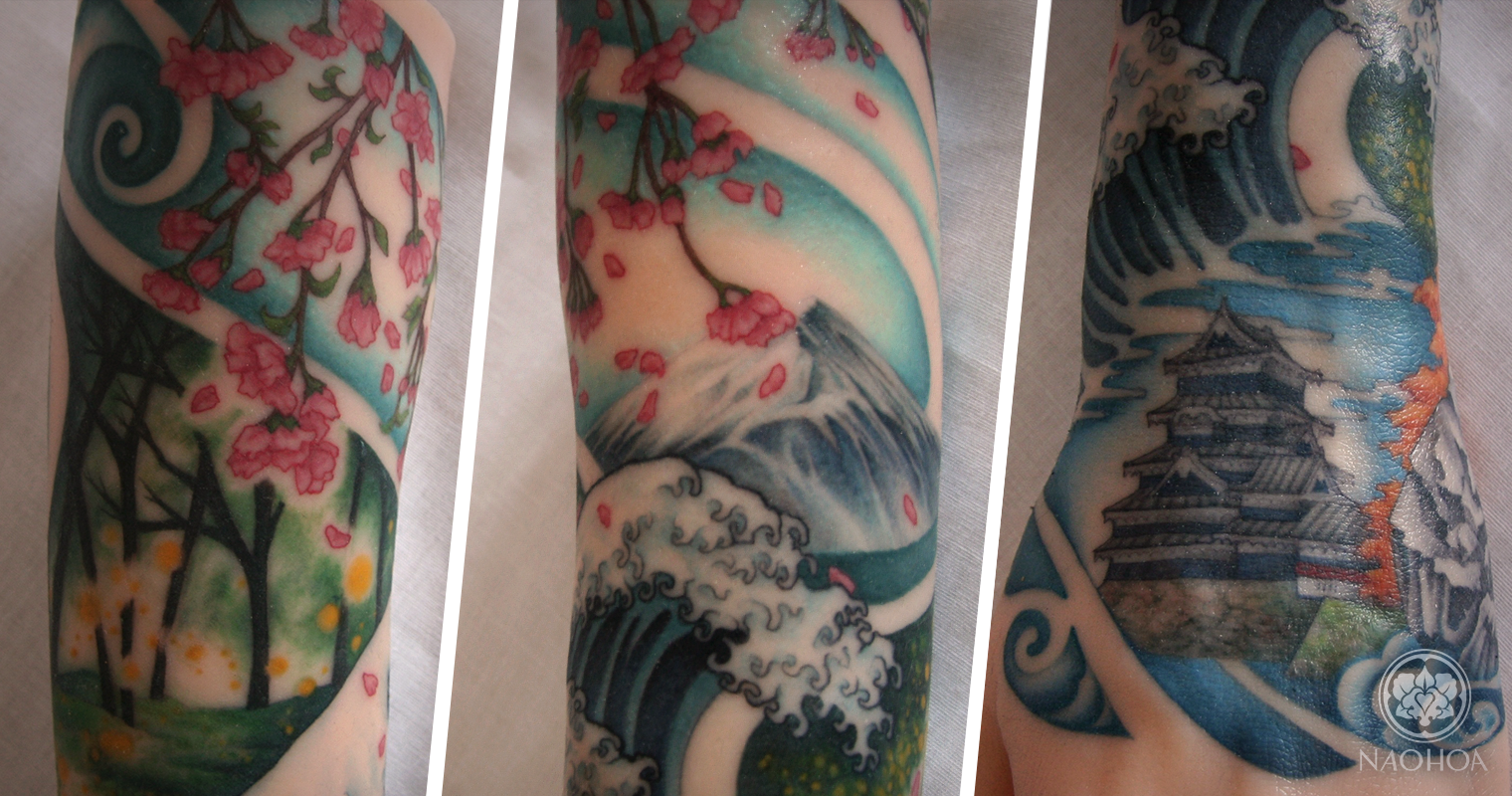 NAOHOA Japanese Sleeve Tattoo called, "Four Seasons" by Naomi Hoang at NAOHOA Luxury Bespoke Tattoos, Cardiff, Wales (UK).