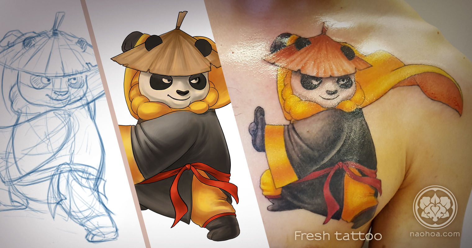 Custom-designed illustration of Po from Kung Fu Panda tattooed on a man's chest. Designed and tattooed by Naomi Hoang at NAOHOA Luxury Bespoke Tattoos, Cardiff (Wales, UK).