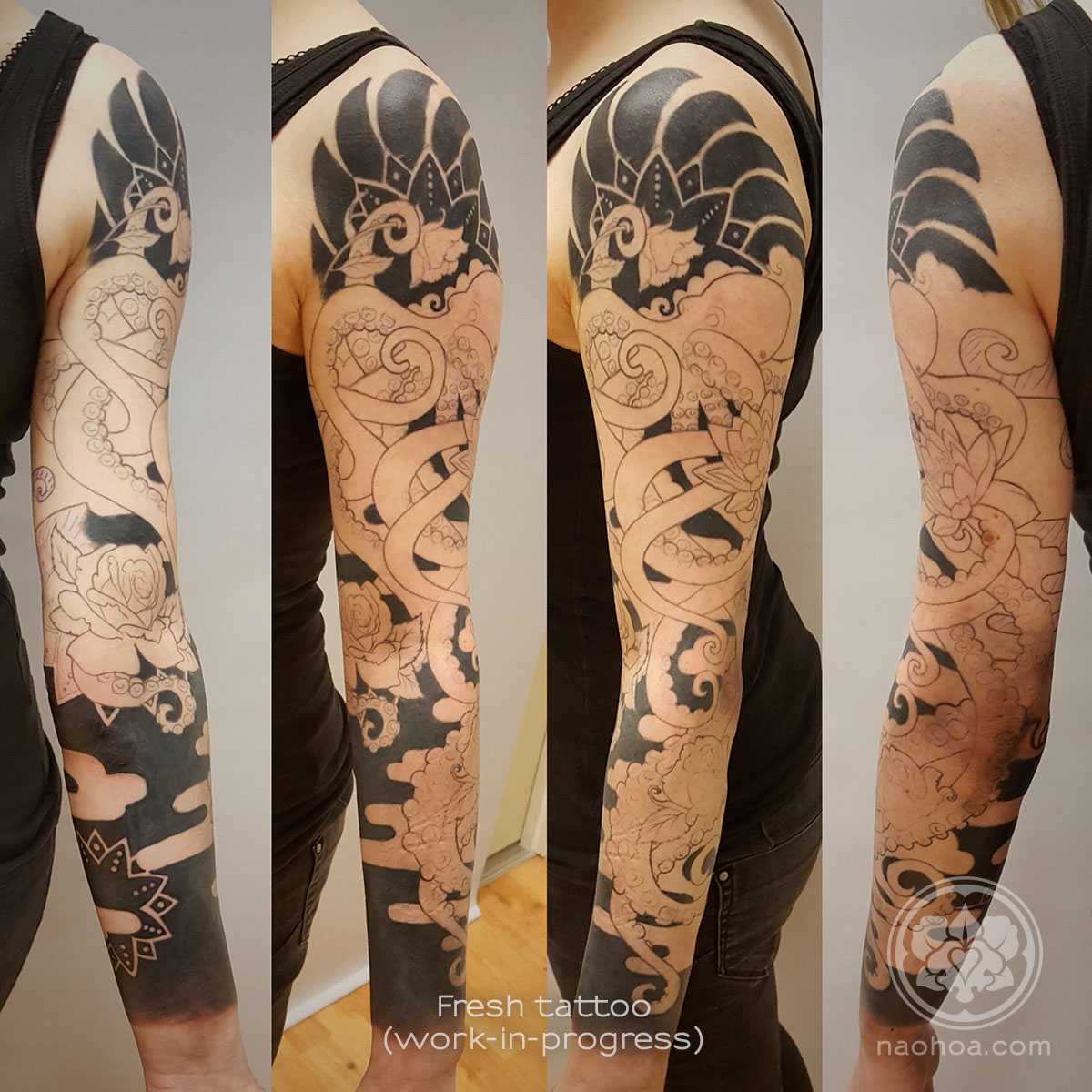 Photo of the Octopus Sleeve, designed by Naomi Hoang at NAOHOA Luxury Bespoke Tattoos, Cardiff (Wales, UK).