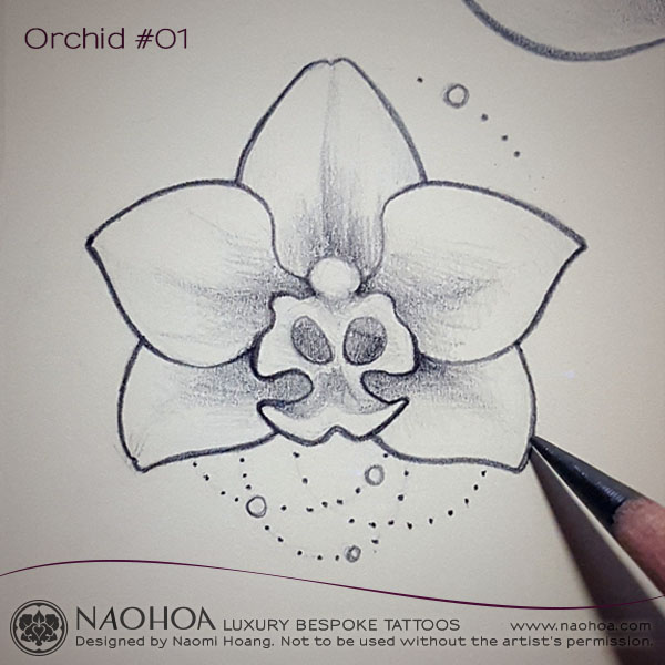 Original 4x4 tattoo design of an orchid with chandelier details by Naomi Hoang.