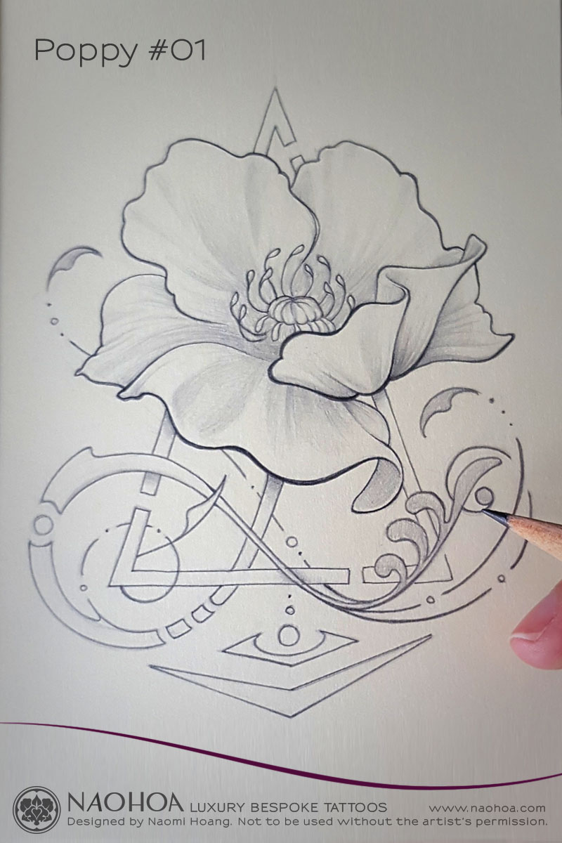 Georganic poppy flower tattoo design by Naomi Hoang.