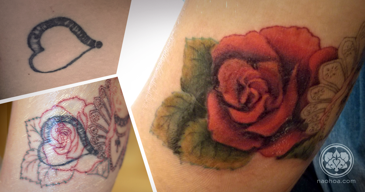 A coverup of a rose over an old heart tattoo by Naomi Hoang at NAOHOA (Cardiff).