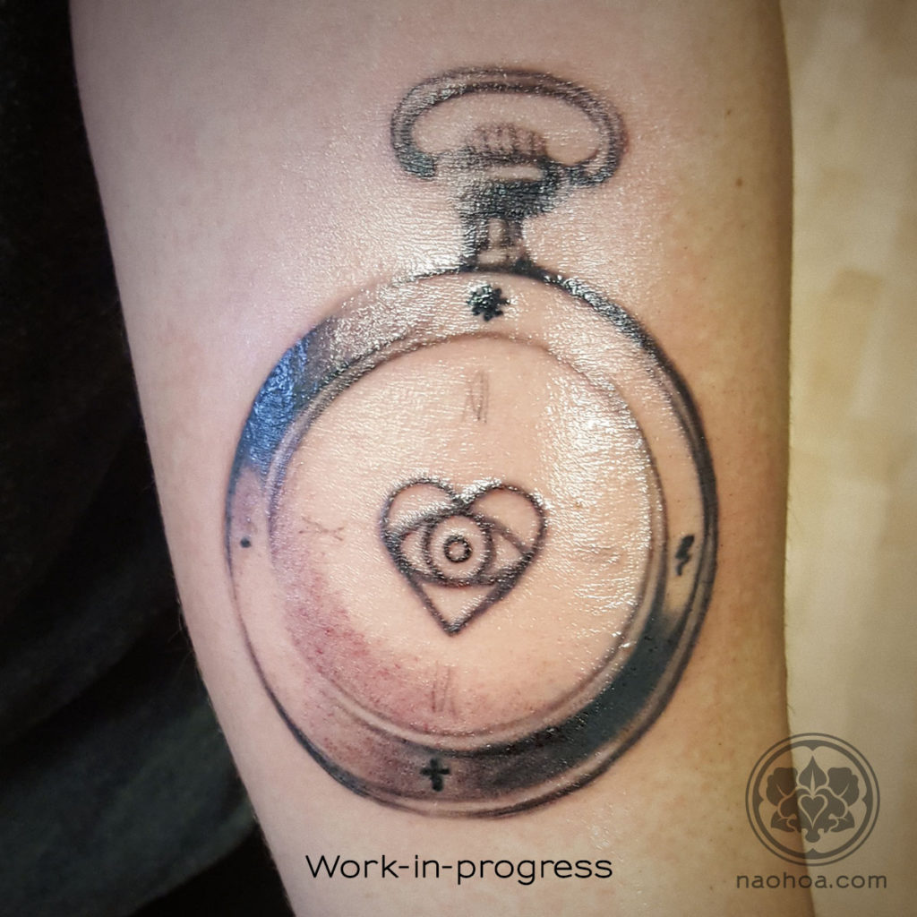 Work-in-progress of a clock and rose tattoo by Naomi Hoang, NAOHOA Luxury Bespoke Tattoos, Cardiff, Wales, UK.